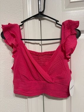 SHEIN Hot Pink Ruffle Sleeve Wrap Crop Top